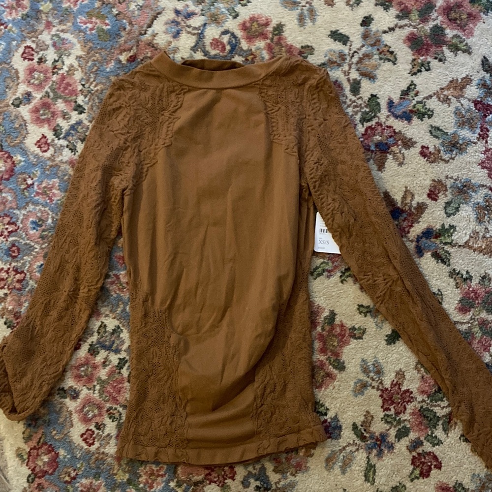 Free People Brown Lace Long Sleeve Blouse